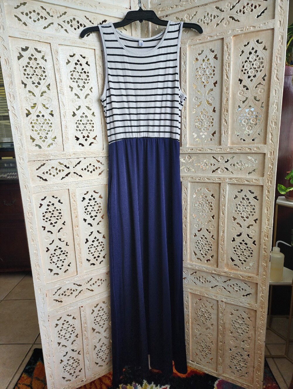 NWOT OURS Sleeveless Maxi Dress- Small- Navy Blue,White & Black Stripes, Pockets